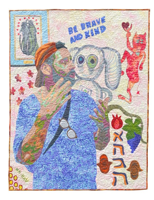 Kathy Azeez - Graffiti Artist Tour (a quilted portrait of a man in a backwards cap standing in front of graffiti, the graffiti includes a devil and the words "be brave and kind"