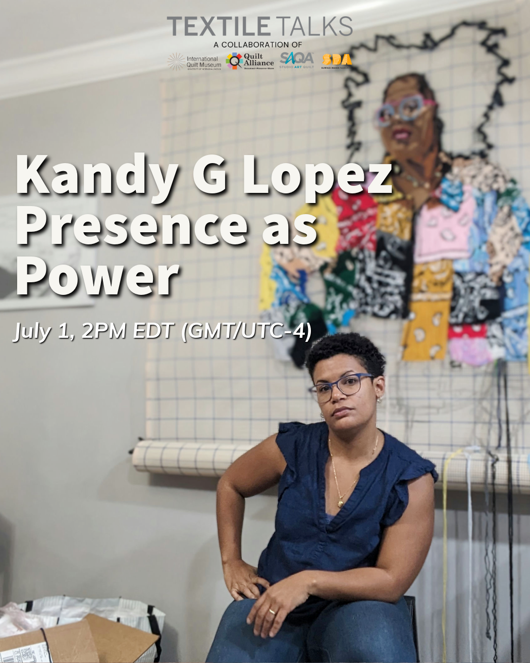 Photo of artist Kandy G Lopez in front of one of her yarn portraits