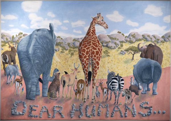 Sue Sherman - Dear Humans . . . (quilted image of various African animals with their backs to the viewer over the text Dear Humans...)
