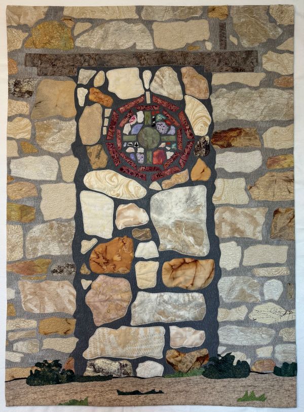 Maura Grogan - 1880s Opera House Cerrillos NM (a quilt depicting a stone wall with stained glass)