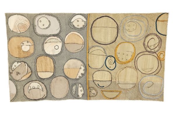 Judy Martin - the day, the night, and then the day again (embroidered irregular circles on gray and tan background)