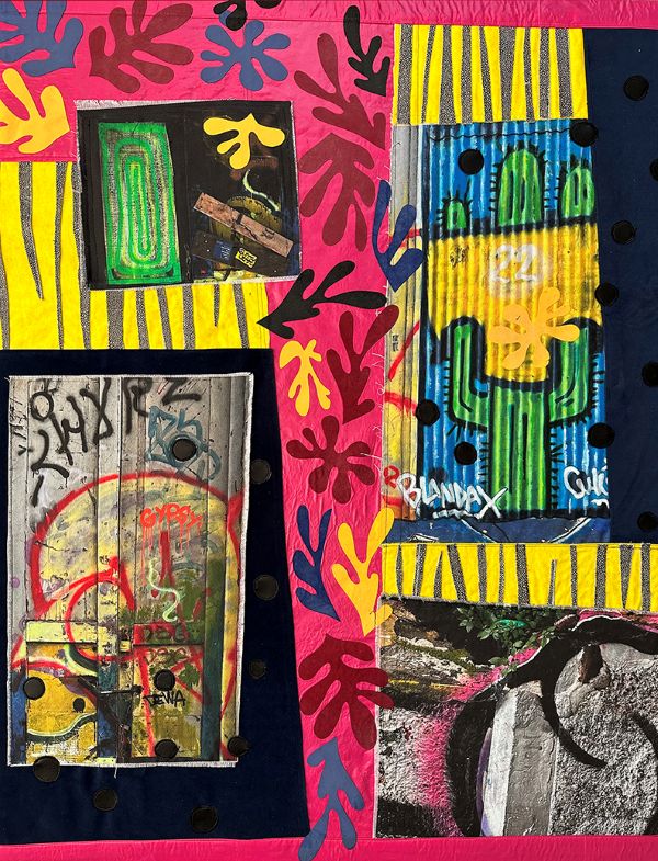 Fanis Greenwood - Valparaiso #22 (quilt with graffiti style imagery of walls, cacti, and leaf shapes)