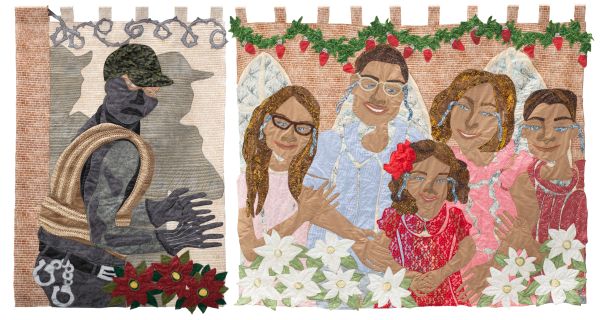Jo-Ann Morgan - The Family of Jorge Garcia [diptych] (48” x 90,” 2025) (a pictorial quilt. on the left is a masked man with vest and handcuffs. on the right is a crying family)