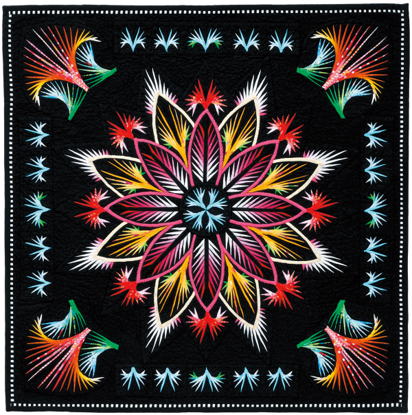 Satoko Kase - Dance of Migratory Birds (colorful medallion quilt on black background)