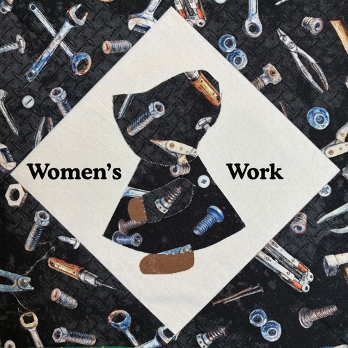 Rachel Ivy Clarke - detail from Women's Work (Is Never Done) (a quilt block of a modified sunbonnet Sue with the words Women's Work surrounded by tools like wrenches and pliers)