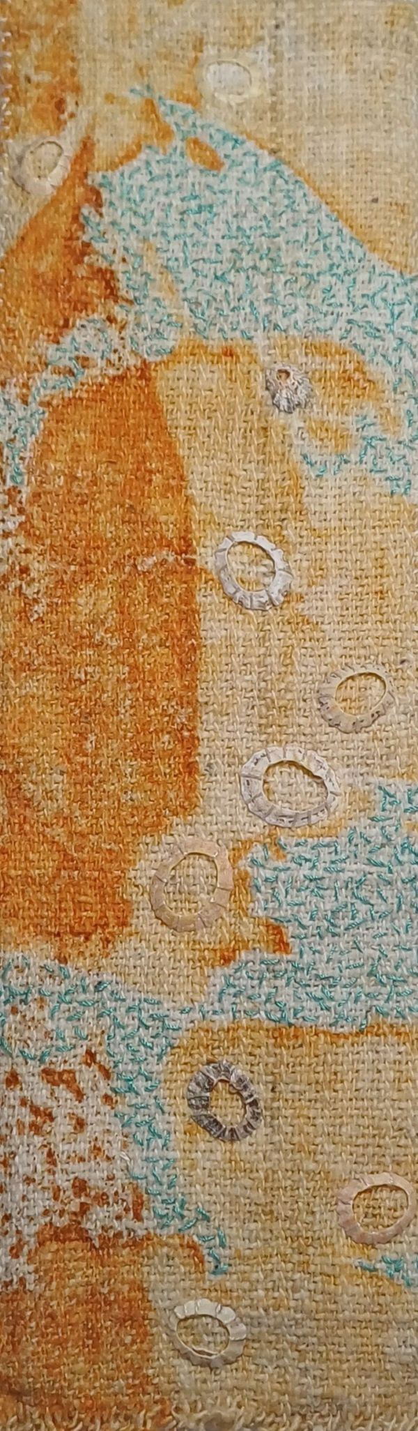 Gwynne Penny - seabones and seafoam (detail of a woven or densely stitched quilt in rust, tan, and teal tones)