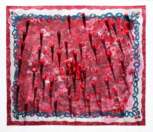 Rosanna Lynne Welter - Seeing Red (A red quilt with 3d red spikes that cast a shadow, bordered by blue irregular rings)