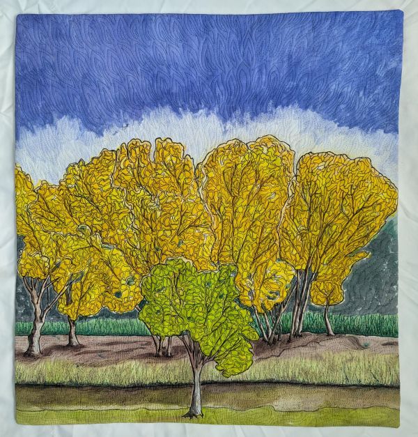  Rosanna Lynne Welter - Blue Sky Day (quilted landscape with yellow trees and blue sky)