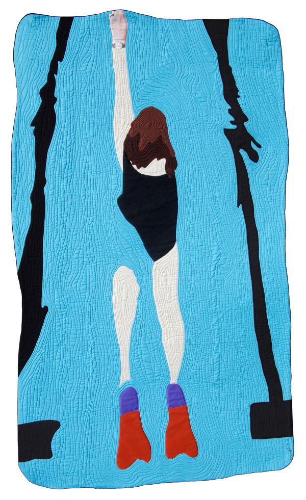 Bonnie J. Smith - Swimming Upstream (an art quilt depicting a woman swimming in a pool)