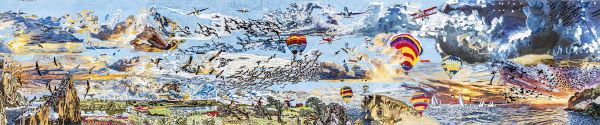 DAMSS ART - AIR - FROM DAWN TO DUSK (a large pictorial weaving with air elements-birds, hot air balloons, clouds, sailboard, airplanes, windmills)