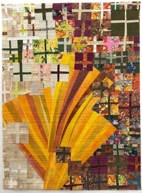 Bonnie Bucknam - Monarch (quilt with square and cross shapes and a large blooming orange shape in the bottom left)