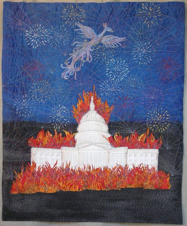 Wendy L Starn - The Dawn Is Ours Before We Knew It (the US Capitol in flames, in the sky are fireworks and a translucent phoenix)