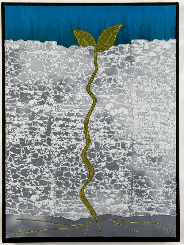 Pat DaRif - Still I Rise (Maya Angelou) (a quilt showing the roots of a plant that is sprouting out of the ground)
