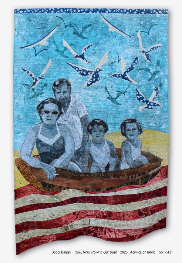 Bobbi Baugh - Row, Row, Rowing our Boat (a quilt with a portrait of a family rowing a boat through water made of the stripes of the american flag. Birds above contain the stars of the flag)