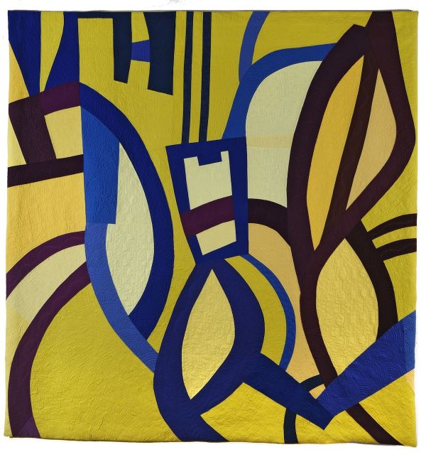 Cindy Grisdela - Beetlejuice (an abstract quilt with chartreuse background and dark blue and plum lines)