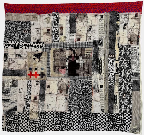 Sandy Teepen - Black & White & More (abstract quilt with black, white and pops of red)