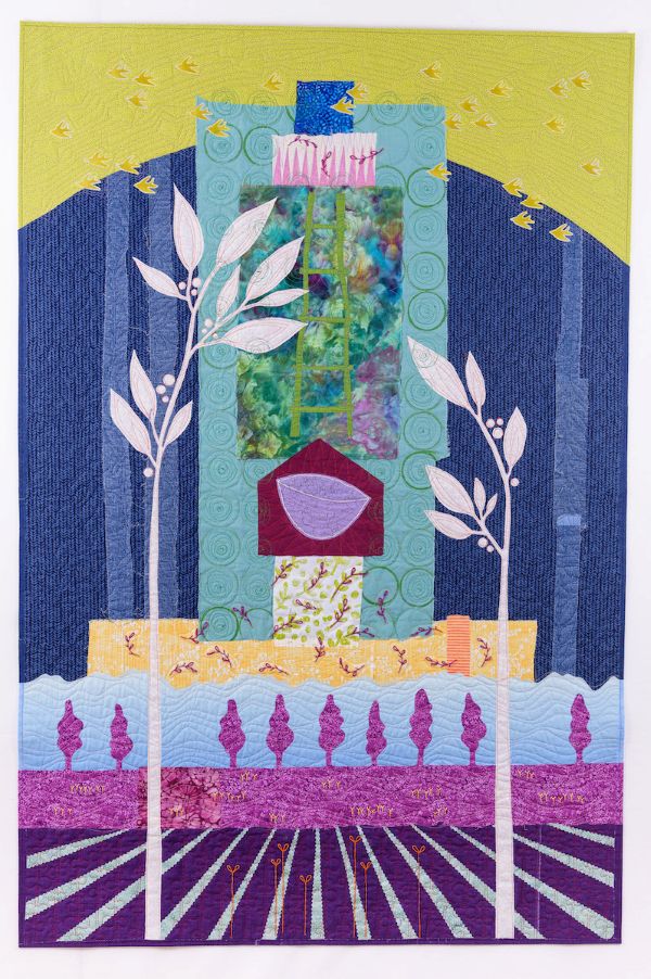 Deborah Boschert - Summary (art quilt collage with plants, birds, and bowl)