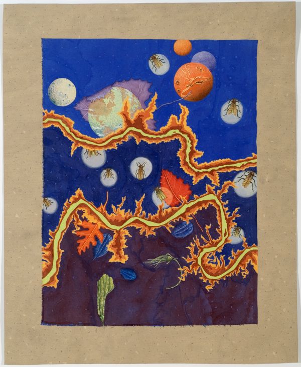 Donna June Katz - Bottom of the Sky (a quilt with blue background, bugs, and circles)