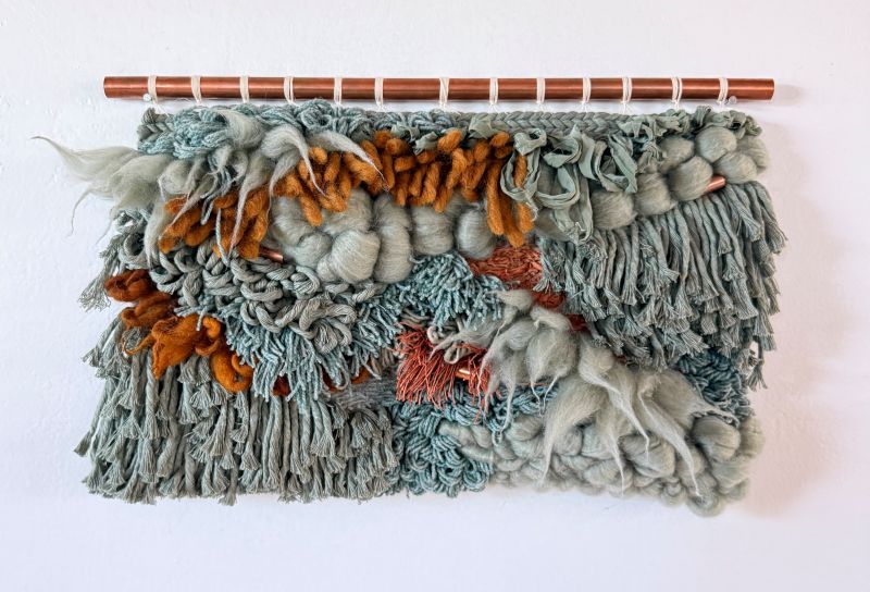 Adriene Busch - Mineral Pool, 2025, wool, cotton, yarn blends, linen, recycled sari silk, chiffon, copper, 12.5 x 19.5 inches