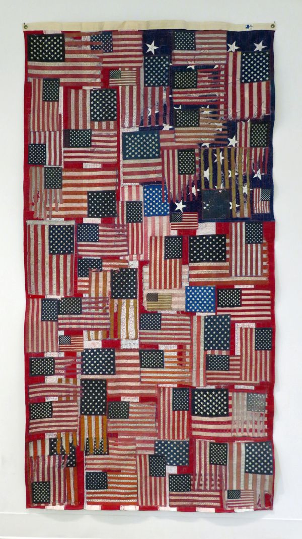 Susan Lenz - Cemetery Flags (a banner of collaged american flags)