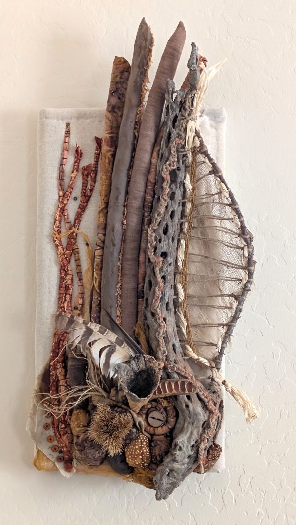 Debra Kay - Cylindropuntia (sculptural arrangement of natural shapes and colors, including bark and feathers)