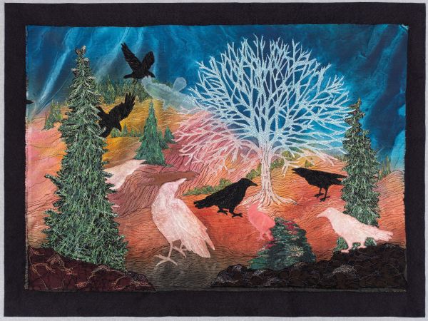 Dorothy Raymond - Crow Mountain (a quilt where black and white crows flock around a group of trees)