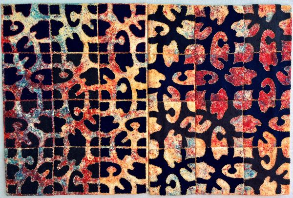 Dianne Miller Wolman - Counterchange Diptych (a quilt with abstract black shapes over yellow and red background on one side and the reverse on the other made of squares stitched together)