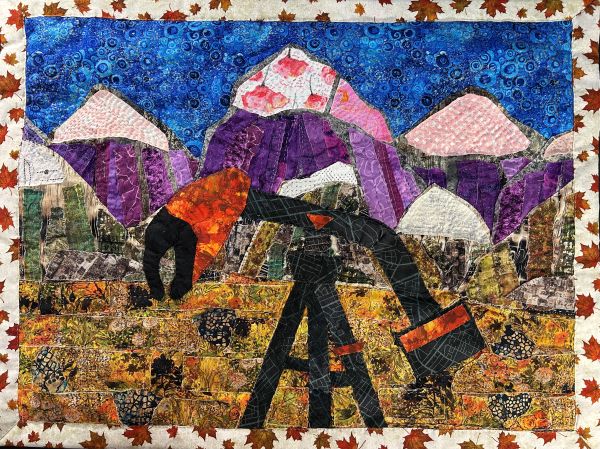 Hazel Sheehan - Lobster Oil - East Meets West Series (landscape quilt with purple mountains and an oil rig)