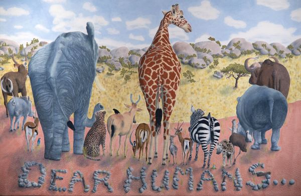 Sue Sherman - Dear Humans . . . (an illustrative quilt with the backs of several African animals. Below them is the text "dear humans" written in stones)