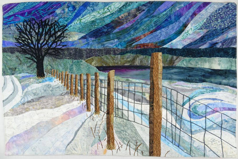 Darcy Hunter - Down the Road (A snowy landscape with a fence going back into the distance towards a silhouetted tree. The sky is swirling blues and purples)