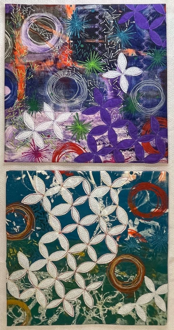 Clover L. Kemp - Seed Dispersion Dyptich (a quilted diptych with flower shapes) 