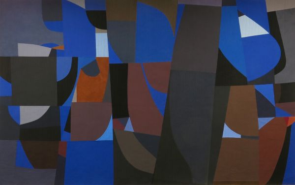 Elizabeth Brandt - Shadowplay, 2023, 59"h x 95"w (abstract quilt with large rounded shapes in dark colors of blue, gray, and brown)