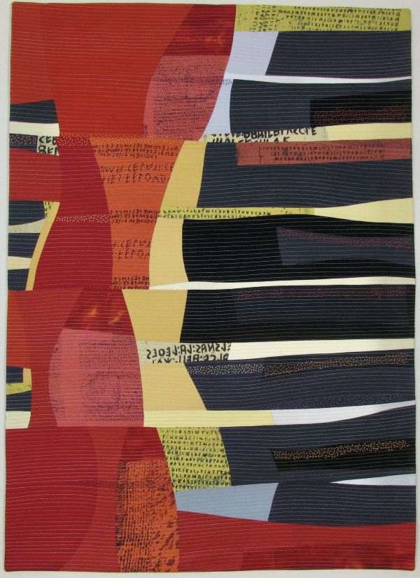 Elizabeth Bennett - Ancient Voices No 1 (a quilt with thick stripes, the left is mostly red and the right is mostly black)
