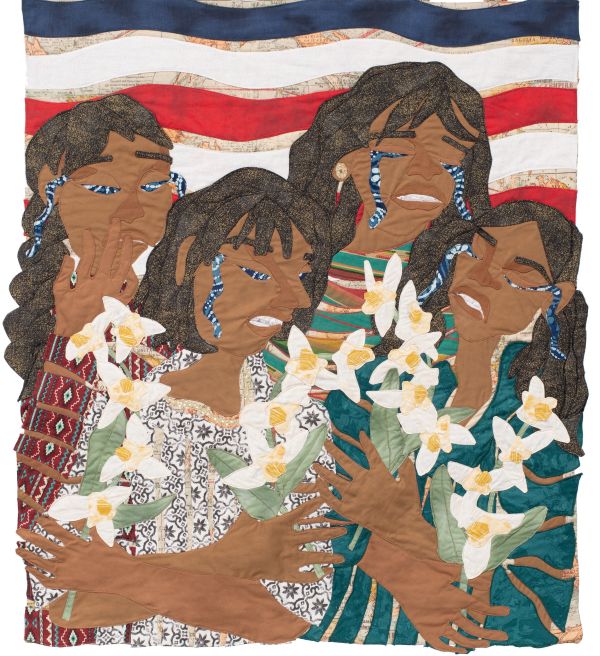 Jo-Ann Morgan - La Frontera (quilted portrait of four women weeping with flowers)