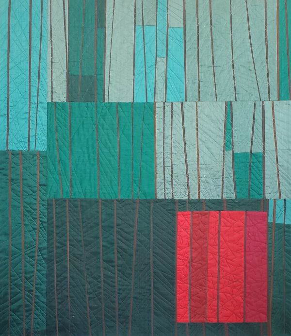 Rene Iannarelli - Fall Maple in the Pines (a quilt made from a series of teal rectangles with a pop of red rectangles at the bottom)