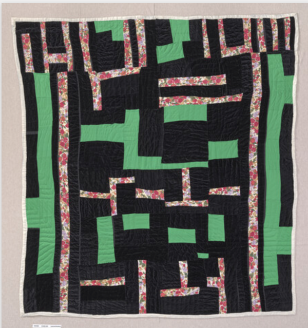 Laverne Brackens (pieced 1990–91, Fairfield, Texas), Willia Ette Graham and Johnnie Wade (quilted 1992, Oakland) - Untitled (Bars), 1990–92; Cotton, cotton/polyester blend, polyester, velvet, and other synthetic fabrics; hand- and machine-pieced, hand-quilted, 85 x 80 in.; Bequest of the Eli Leon Living Trust, BAMPFA; Photo by Kevin Candland; Courtesy of Laverne Brackens Photographer: Kevin Candland