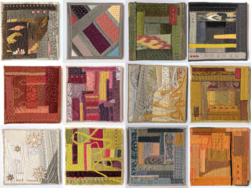 Zwia Lipkin - Calendar Quilts Series (a grid of square abstract quilts in warm muted tones)