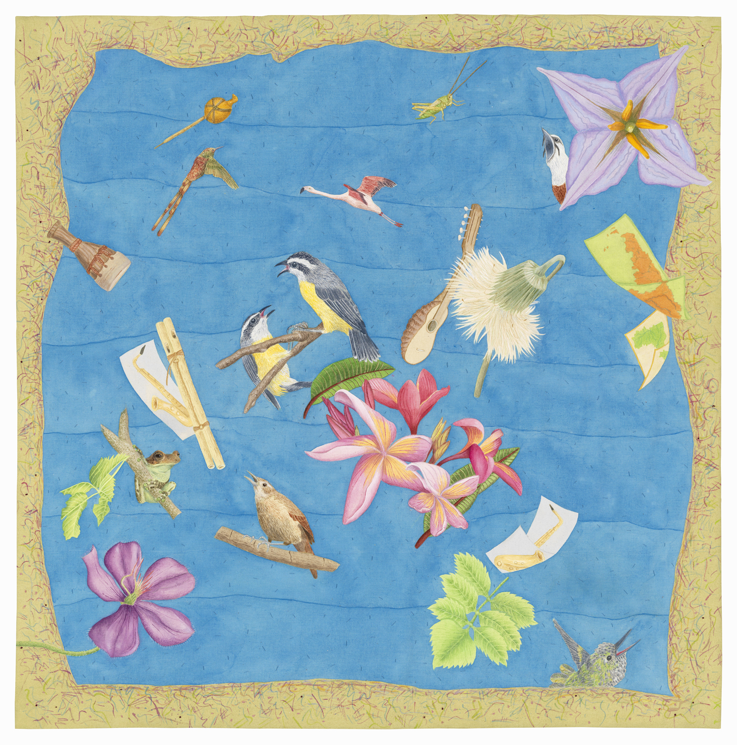 Donna June Katz - Gato Barbieri: Then AND Now (birds, flowers, bugs, and instruments on a sky blue background)