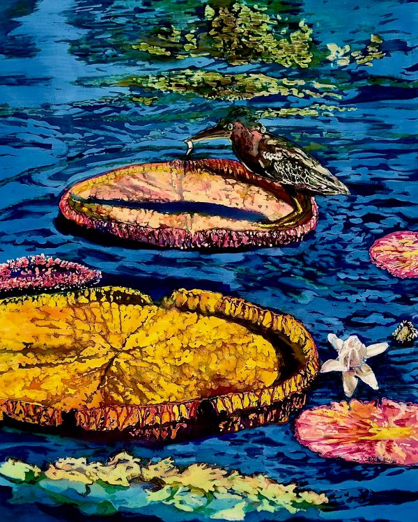 Muffy Clark Gill - Moment of Capture (batik silk painting of birds on lily pads)