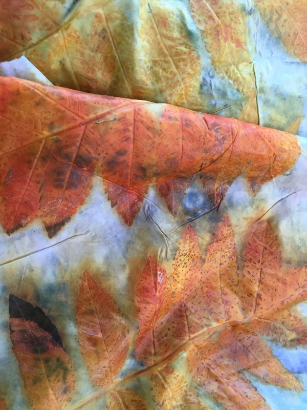 Cotton ecoprinted with sumac and a titanium blanket