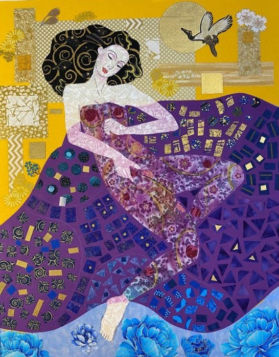 Artist: Adriane Dedic. / LADY KLIMT (commission for Liat, 16”x20”) (a quilted portrait of a woman with in purple similar to the style of Klimt)