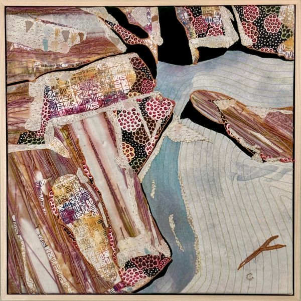 Cheryl Patton Wu - A Way In (abstract fabric collage with blue and browns)