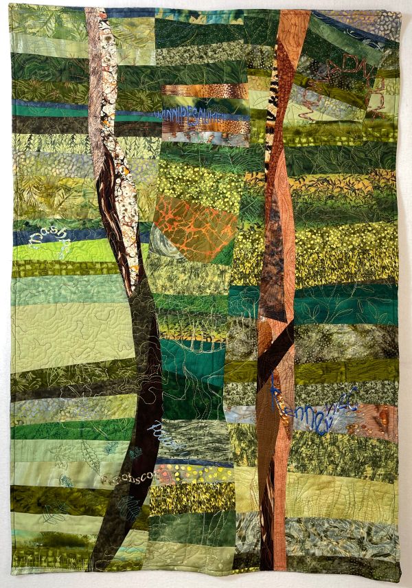 Clover L. Kemp - New Hampshire Driving Impressions (44”Hx29”W) (quilt made of green printed fabric wonky rectangles in background and two tree shapes)