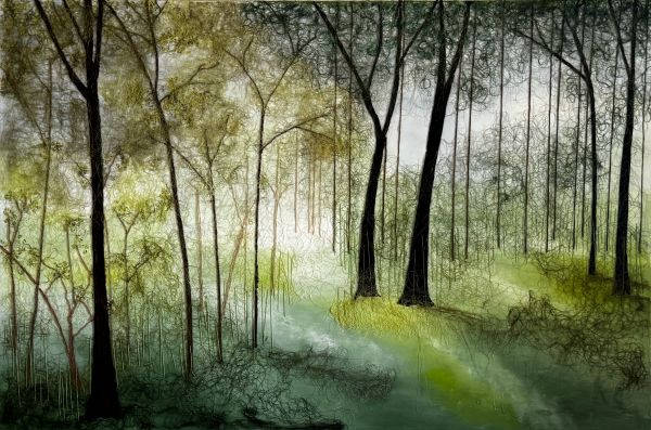 Irmgard Geul - The Forest (A forest quilt with soft light. The leaves of the trees are made with swirling threads)