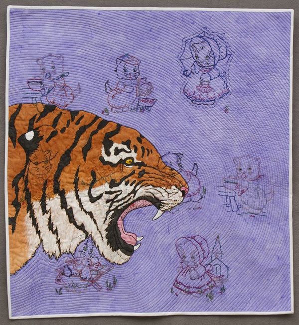 Laurel Izard - Ticked Off Tiger (a quilt with an angry tiger face on a purple background. Sunbonnet Sue cats are stitched on the background)