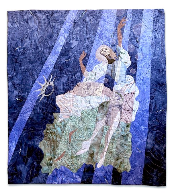 Aynex Mercado - Drowning Liberty (A quilted lady liberty falls through the water, reaching up towards rays of light. Her crown has fallen off and floats beside her.)