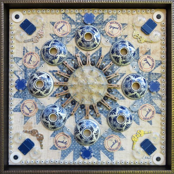 Susan Lenz - Mandala CLXXXIII (a found object mandala in shades of blue, china tea cups, keys, poker chips, etc)