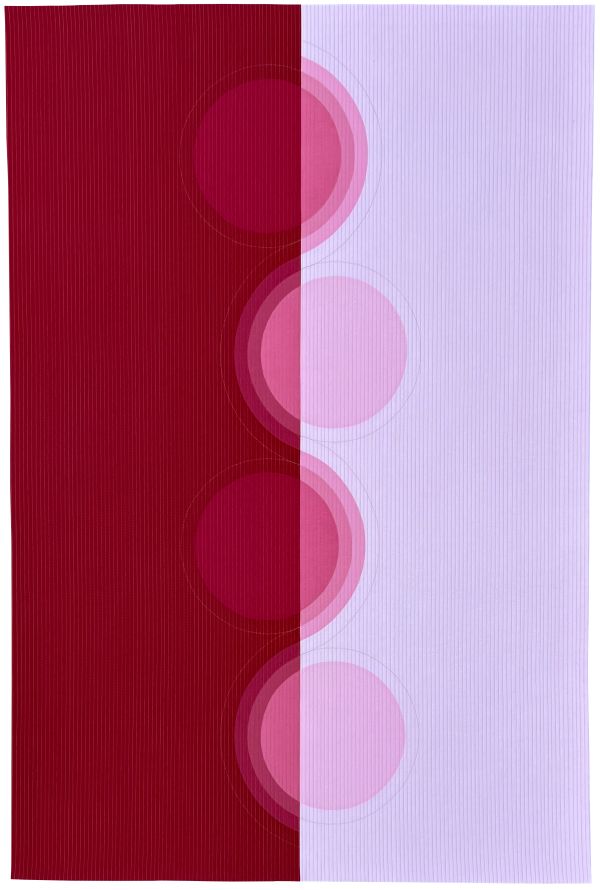 Kelly Spell - Mulberry Swirl (an abstract quilt, the left half is a berry red, the right half is lilac, circles spanning both halves go down the center. the quilting is a distinctive straight line going top to bottom)