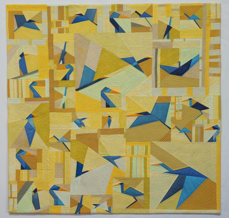 Vicki Conley - My Blue Herons (Geometric blue herons on yellow pieced background)