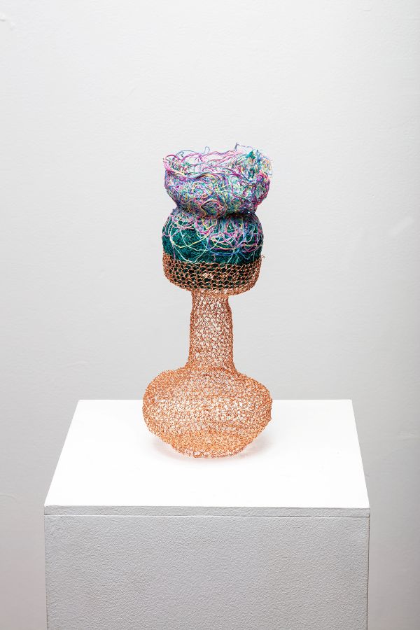 Clara Nartey - One Plus One Equals Three (a vessel made of threads and wires. it looks like a head)